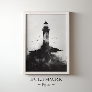 Puede incluir: Pintura de acuarela en blanco y negro de un faro en una costa rocosa con p&aacute;jaros volando por encima.