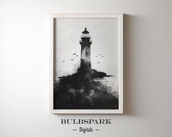 Lighthouse on a Coastline - Minimalist Ink Watercolor - Black & White Wall Art | 300 DPI Prints - Digital Printable | Black Ink - Nautical