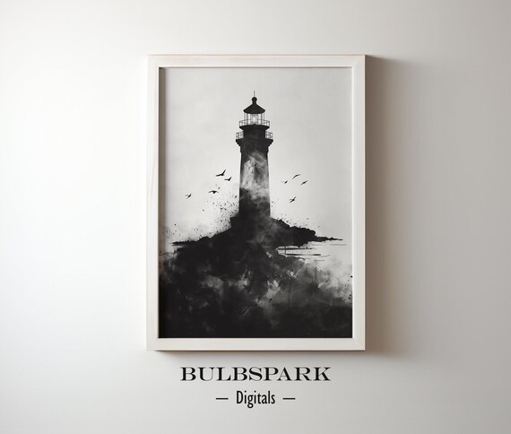 Lighthouse on a Coastline - Minimalist Ink Watercolor - Black & White Wall Art | 300 DPI Prints - Digital Printable | Black Ink - Nautical
