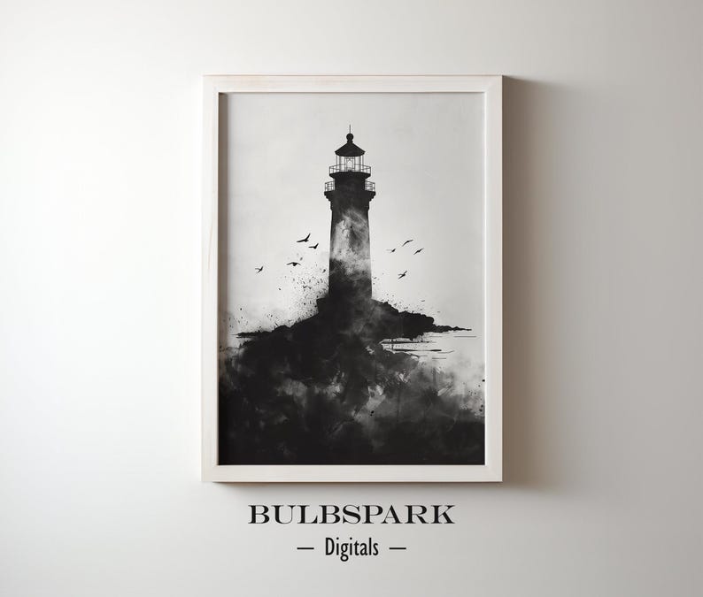 Puede incluir: Pintura de acuarela en blanco y negro de un faro en una costa rocosa con p&aacute;jaros volando por encima.