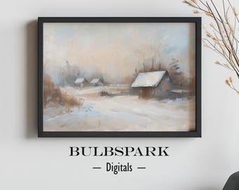Rustic Canadian Cabins - Winter Times | Minimalist Oil Painting Print | Digital Art of a Winter Landscape | Living Room Decor - Vintage Art