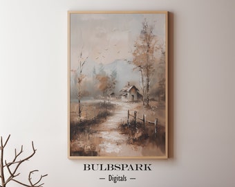 Peaceful Cottage in Nature | Rustic Country Oil Painting | Vintage Style Print | Downloadable Bulbspark Digitals Printable Art