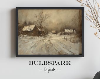 Rustic Village - Winter Times | Vintage Style Oil Painting Art - HQ Printable | Digital Print Art - Winter Landscape Wall Art - Canada