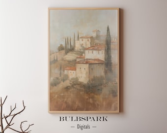 Mediterranean Village - Vertical Oil Painting | House, Town & Village | Instant Access Wall Art - 300 DPI Print-Ready Images | PRINTABLE