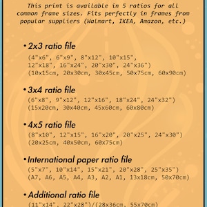May include: Print sizes and ratios chart with text in black on a light orange background. Includes 2x3, 3x4, 4x5, international paper, and additional ratio file sizes in inches and centimeters.