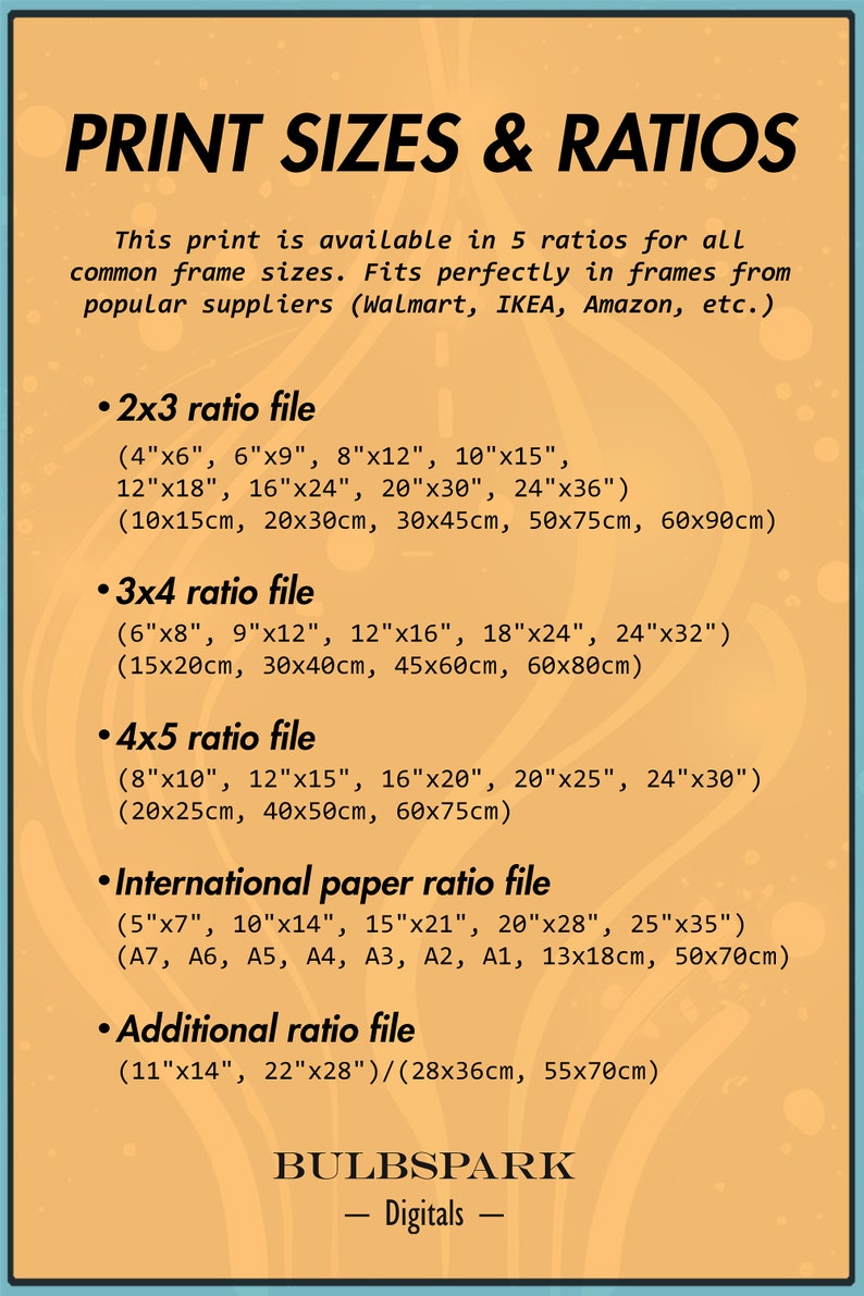 May include: Print sizes and ratios chart with text in black on a light orange background. Includes 2x3, 3x4, 4x5, international paper, and additional ratio file sizes in inches and centimeters.