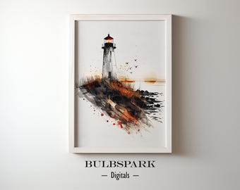 Faro en una costa natural - Acuarela minimalista - Arte mural en naranja y negro / Impresiones de 300 DPI - Impresión digital / Bulbspark