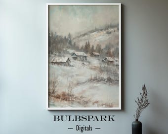 Small Village Under Snow - Winter Times | Rustic Oil Painting Art - 300 DPI Quality Print | Downloadable Bulbspark Digitals Printable Art