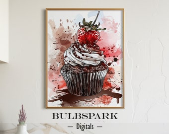 Strawberry Chocolate Cupcake - Sweet & Tasty | Dining Room Decor - Kitchen Wall Art | 300 DPI Ready-to-Print Images | Neapolitan Style