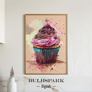 May include: A colourful cupcake with pink and brown icing, topped with a red cherry and sprinkles, against a watercolour background.