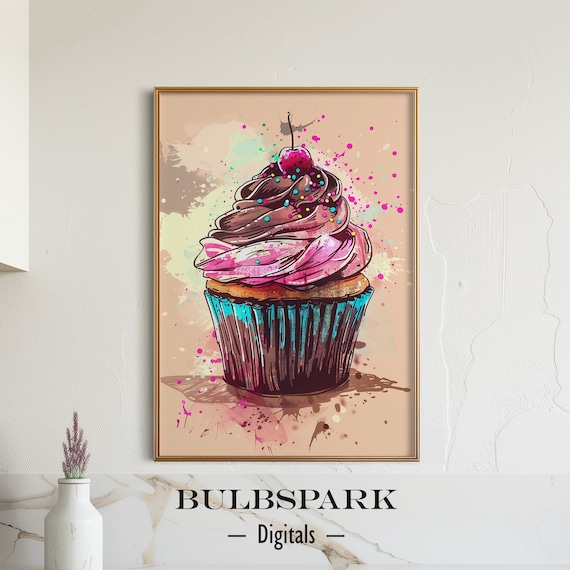 Pink Cherry Cupcake - Sweet & Tasty | Party Food Printable | 300 DPI Jpeg Images | Dining Room Wall Art - Kitchen Decor | Digital Print