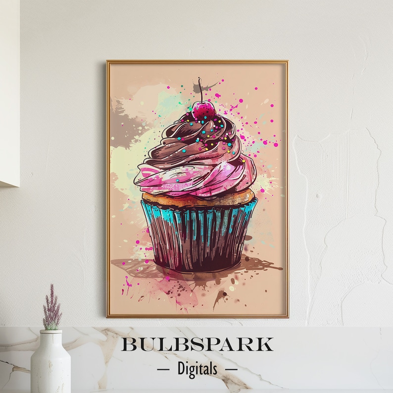 May include: A colourful cupcake with pink and brown icing, topped with a red cherry and sprinkles, against a watercolour background.