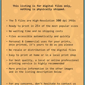 May include: A digital download listing for five high-resolution 300 dpi JPEG images. The listing includes information about the digital files, including their size, resolution, and use. The text also mentions that the files are ready to print and that there are no shipping costs.