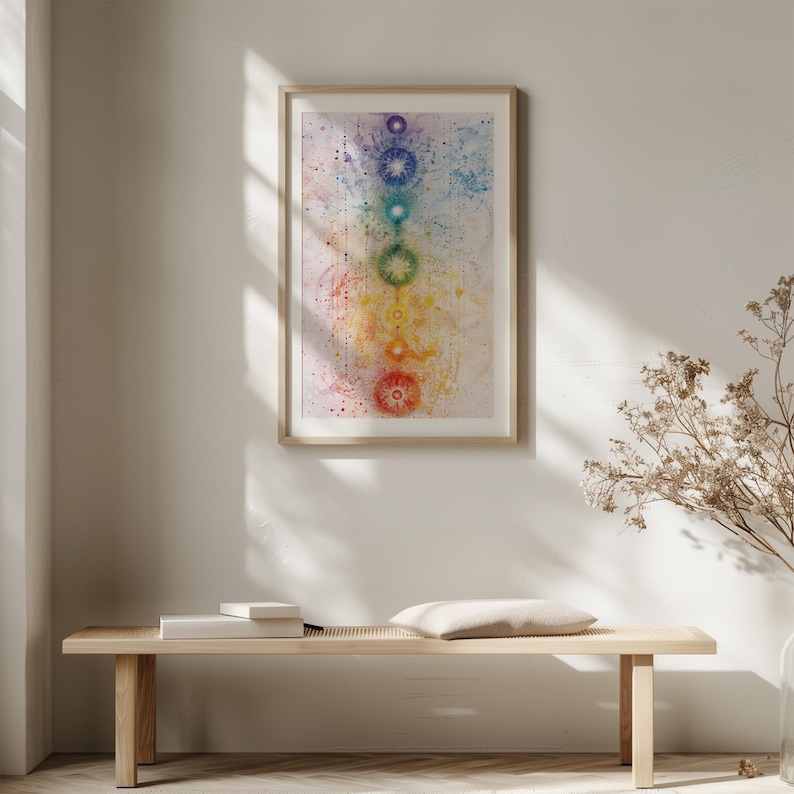 Pu&ograve; includere: Una stampa incorniciata di un dipinto ad acquerello che rappresenta i sette chakra, ognuno rappresentato da un colore e uno schema geometrico diverso. I chakra sono disposti verticalmente in una linea, con il chakra radice in basso e il chakra corona in alto. Lo sfondo &egrave; di colore azzurro con macchie bianche.