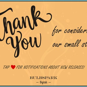 May include: A digital graphic with a light orange background and a blue border. The words "Thank You" are in large, black, cursive font. Text below reads "for considering our small studio."