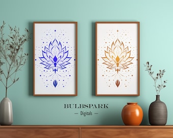 Vital Energies - Spiritual Life | Indigo & Orange Art Prints | 300 DPI Images - Instant Digital Download | Wall Art for Zen Decors - Lotus