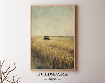 Tractor in a Wheat Field | Countryside & Farmland | Vintage Style Oil Painting | PRINTABLE ART | Bulbspark Digitals Print | Kitchen Decor
