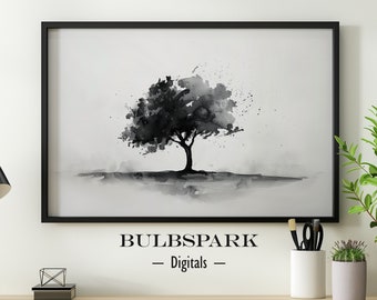 Gray Shades Tree - Minimalist Nature - Black Ink Watercolor | Monochromatic Wall Art - 300 DPI Prints | Nature & Life Digital Download