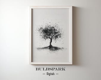 Dark Gray Dots Tree - Minimalist Nature - Black Ink Watercolor - Monochromatic Wall Art | 300 DPI Prints - Digital Download | Nature - Life