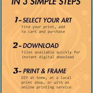 May include: An informational graphic with a light orange background and a blue border. The text reads "DIGITAL DOWNLOAD IN 3 SIMPLE STEPS" followed by instructions: Select art, download files, and print & frame. The BulbsPark logo is at the bottom.