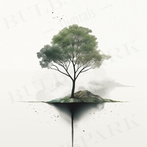 May include: A green tree growing out of a small island, with a dark, shadowy void beneath it. The tree is surrounded by a light gray sky.