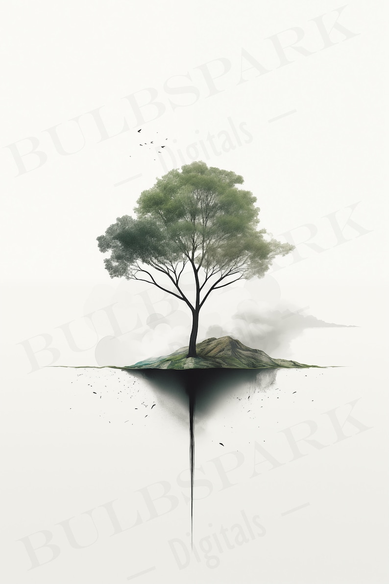 May include: A green tree growing out of a small island, with a dark, shadowy void beneath it. The tree is surrounded by a light gray sky.