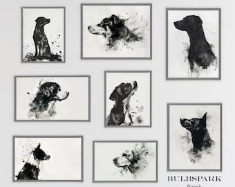 Set of 8 Black Dog Silhouettes - Minimalistic Ink Watercolor | Abstract Prints - Pack of 300 DPI JPEGs | Minimalist Wall Art: Dog Printables