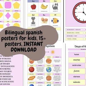 Pósteres bilingües en español e inglés para niños, paquete de aprendizaje: más de 15 pósteres, formas, números, alfabeto, matemáticas, emociones, clima y más.