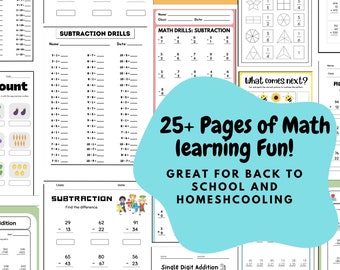 May include: A collection of printable math worksheets for kids, featuring addition, subtraction, and counting exercises. The worksheets include colorful illustrations and the text "25+ Pages of Math learning Fun! GREAT FOR BACK TO SCHOOL AND HOMESCHOOLING."