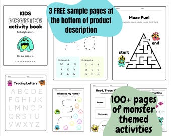 May include: A black and white printable activity book for kids featuring monster-themed activities. The cover shows a green monster with multiple eyes and a long tongue. The book includes tracing letters, mazes, counting activities, and more. The text on the cover reads "Kids Monster Activity Book for Early Learners".