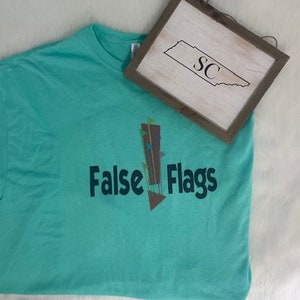May include: A turquoise blue t-shirt with a graphic of colorful flags and the text "False Flags".