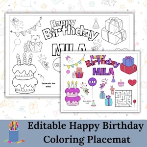 Customizable Kids Coloring Placemat - Printable Activity Sheet | Kids Birthday Parties | Personalized Placemat | Editable Coloring Placemat