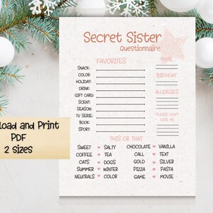 Cuestionario de la hermana secreta / Campamento de niñas Hermana secreta / Pensando en ti / Hermana secreta imprimible / Encuesta del ministerio de mujeres / Day Saints