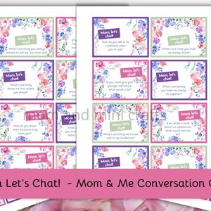 May include: A set of conversation starter cards with floral designs and the text "Mom, let's chat!" These cards are designed to help mothers and daughters connect and have meaningful conversations.