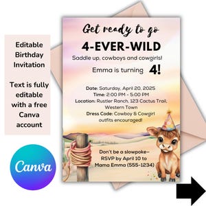 Birthday Invitation 4 | Four Ever Wild Western Party Invite | Cowboy Theme, Printable & Editable Template, Kids 4th Birthday Celebration