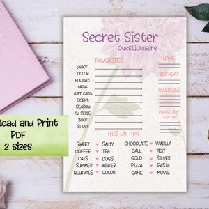 Cuestionario de la hermana secreta / Mujeres jóvenes / Campamento de niñas Encuesta de la hermana secreta / Encuesta Todo sobre mí / Formulario de amigo secreto en formato PDF / Campamento de niñas mormonas
