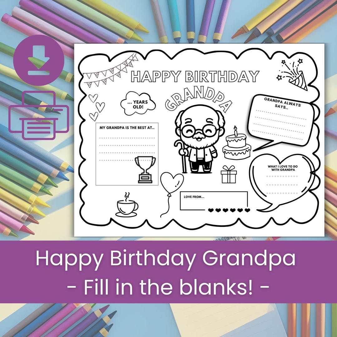 Diy Birthday Card Grandpa | Kids Coloring Page | Printable Grandfather ...