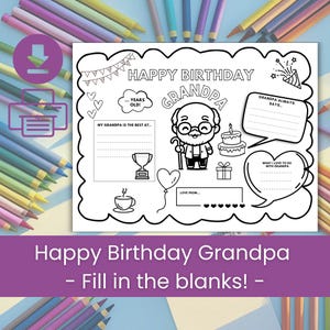 Biglietto di auguri fai da te per il nonno / Pagina da colorare per bambini / Lavoretto stampabile per il nonno / Regalo personalizzato dai nipoti / Attività scaricabile digitalmente