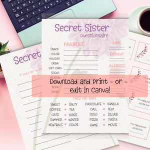 Cuestionario de hermana secreta Plantilla / Cuestionario de hermana secreta editable / Campamento de chicas para hermanas secretas / Encuesta Todo sobre mí de hermana secreta