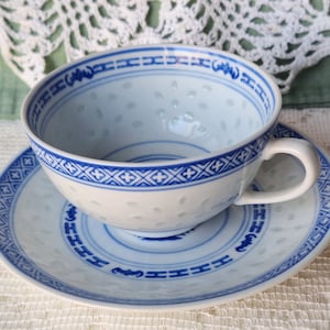 Vintage Jingdezhen Small Blue and White Porcelain Tea Cup and Saucer Rice Eye Sunflower