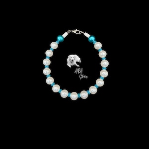 White pearl beaded dog necklace with colorful shimmering rhinestones & practical clasp closure | bead dog collar, pearl collar, pet jewelry