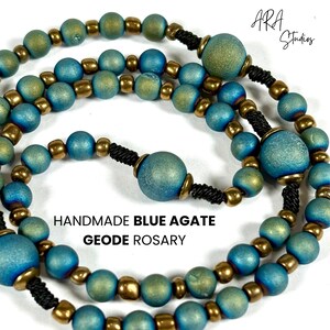 Handmade Catholic Rosary for Boys & Men | Frosted Blue Agate Gemstone Cord Rosary | Vintage Style Antique Bronze | Geode Prayer Beads
