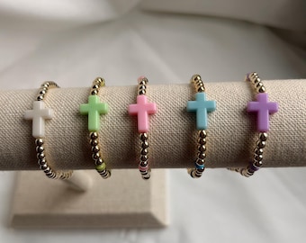 Pulsera de cruz con cuentas de oro / Pulsera chapada en oro, Pulsera de fe, Pulsera con cruz, Regalos religiosos, Pulsera elástica con cuentas de cruz