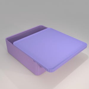 Può includere: Un contenitore quadrato color viola chiaro con coperchio abbinato. Il contenitore presenta una texture a coste verticali lungo le pareti esterne e una superficie superiore liscia e piatta sul coperchio. Il coperchio è parzialmente aperto e rivela l'interno.