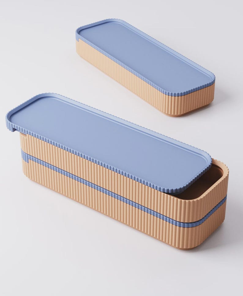 Puede incluir: Dos fiambreras rectangulares con tapas azul claro y laterales beige corrugados. Una caja est&aacute; abierta, revelando el interior. Una fina franja azul acent&uacute;a los lados. Las cajas est&aacute;n sobre un fondo blanco.