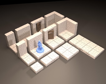 Conjunto básico de 12 arquivos STL • Série de peças de masmorra em pedra pedreira • Terreno modular imprimível em 3D com bases magnéticas para RPG de mesa