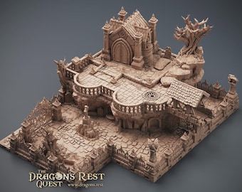 Ghoulburg com Cemitério • Pacote de Aventura • Grade de 38 mm • Terreno modular impresso em 3D • RPG de mesa • Adequado para Hero Quest