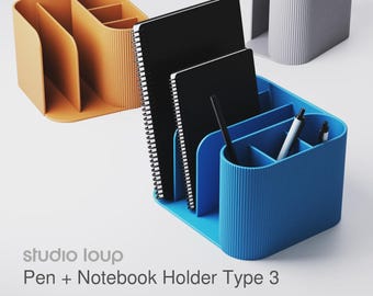 Porta-canetas e caderno tipo 3 • P/M/G • aprox. (103/143/183) x 153 x 110 mm • Impresso em 3D. Acessórios para sua casa e escritório modernos.