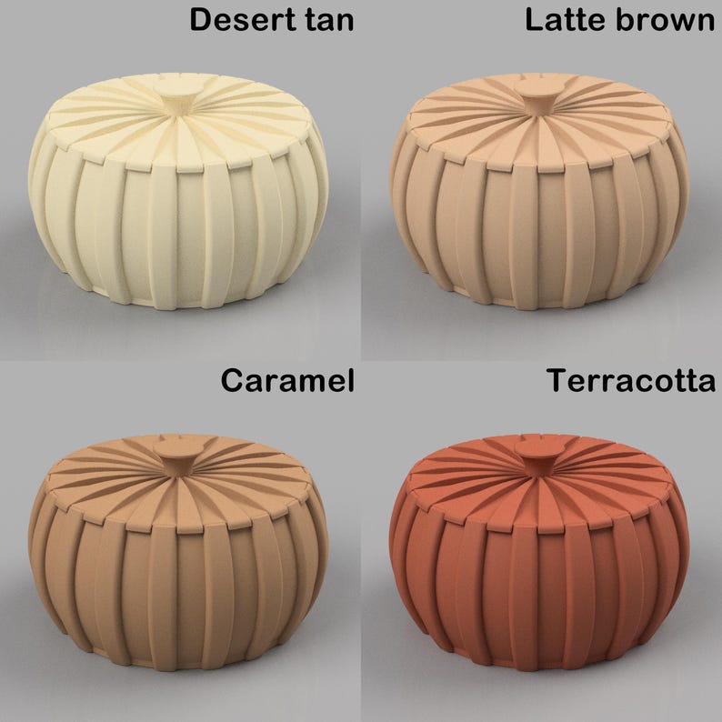 May include: Four decorative poufs in desert tan, latte brown, caramel, and terracotta. Each round pouf has a ribbed design and a small, round top. The poufs are displayed against a neutral background, with the color names above each.