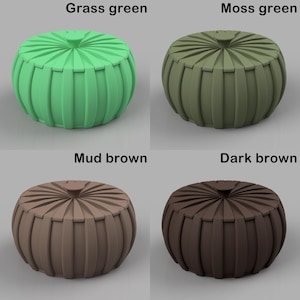 May include: Four round, decorative poufs in grass green, moss green, mud brown, and dark brown. Each pouf has a ribbed design and a central, button-like detail on top. The text labels each color.